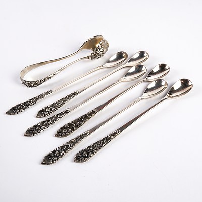 Vintage Set of Six 800 Silver Coffee Spoons and Sugar Tongs
