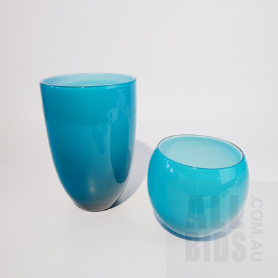 Two Vintage Hand Blown Turquoise Glass Vases with Polished Pontils