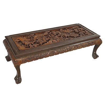 Vintage Heavily Carved Chinese Coffee Table with Decorative Claw Feet
