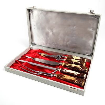 Vintage Solingen Rostfrei Germany Four Piece Carving Set with Stag Antler Handles and Case