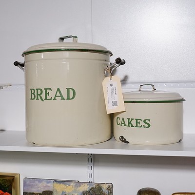 Large Vintage Enamel Bread Crock with Bakelite Handles and a Matching Cake Tin