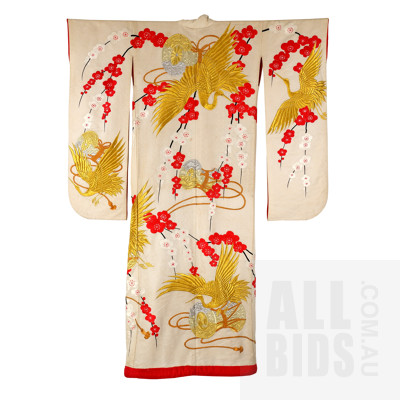 Vintage Ceremonial Kimono - Heavily Embroidered Textured Fabric Depicting Cranes and Blossoms