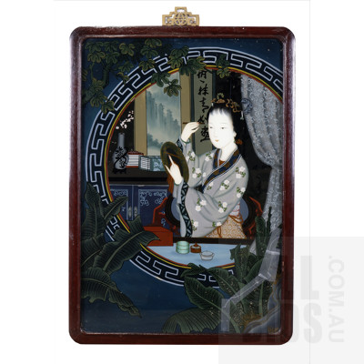 A Framed Hand-Painted Chinese Scene on Glass, 66 x 44 cm