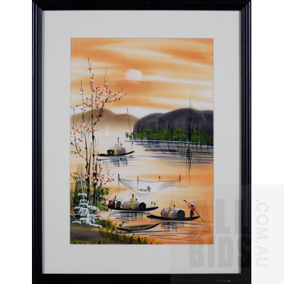 A Pair of Framed Decorative Vietnamese River Scenes, each 30 x 22 cm (2)