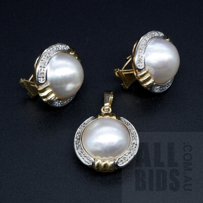 9ct Yellow Gold Diamond and Mabe Pearl Pendant, White with High Lustre, with Matching Earrings, 8.1g
