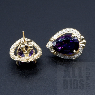 Pair of 14ct Gold Plated Earrings with Natural Intense Purple Amethyst and Single Cut Diamonds, 7.5g