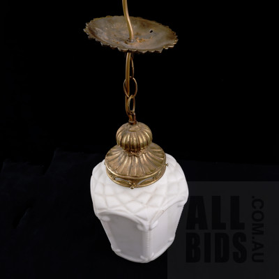 Vintage Pendant Light Fitting with Cast Brass Fixture and Milk Glass Shade