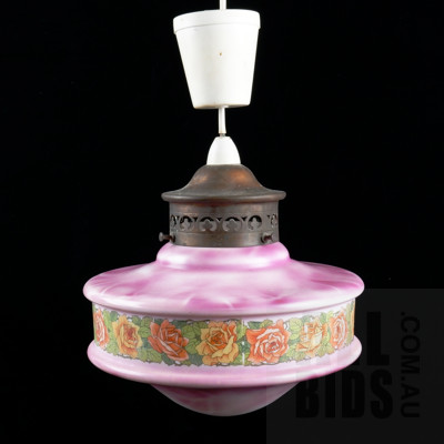 Vintage Pendant Light Fitting with Copper Fixture Fixture and Mottled Pink Floral Decorated Shade