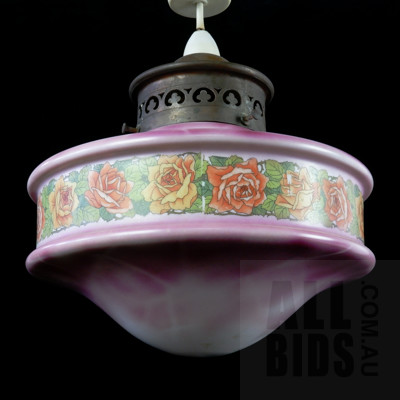 Vintage Pendant Light Fitting with Copper Fixture Fixture and Mottled Pink Floral Decorated Shade