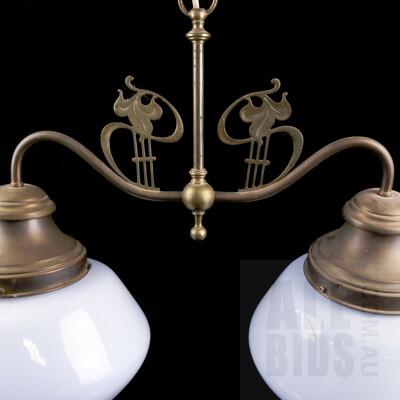 Vintage Twin Pendant Light Fitting with Copper Fixture and Milk Glass Shades