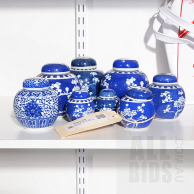 Collection of Eight Vintage Chinese Blue & White Ginger Jars