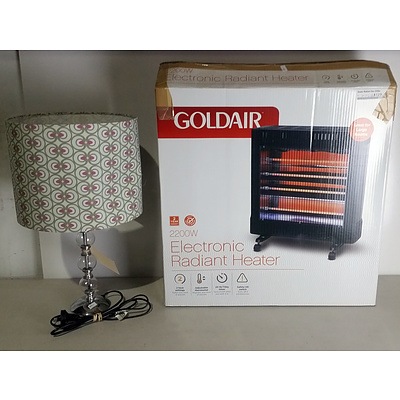 Chrome and Glass table lamp with Shade and Goldair 2200W Radiant Heater