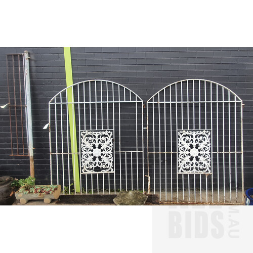 Pair of Large Vintage Painted Cast Metal Gates With Central Pierced Metalwork Floral Medallion