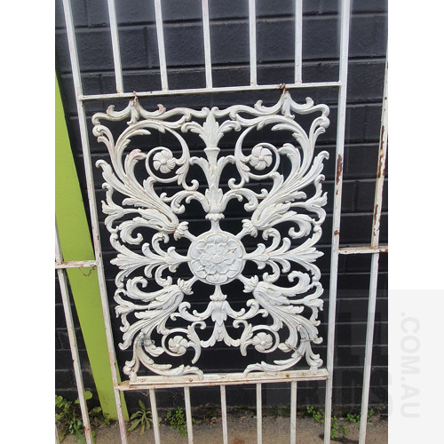 Pair of Large Vintage Painted Cast Metal Gates With Central Pierced Metalwork Floral Medallion