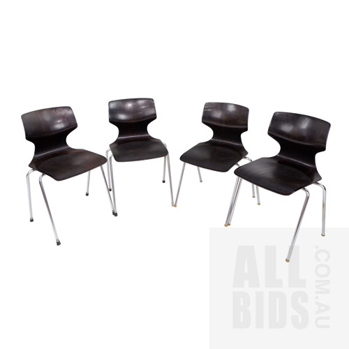 Four Retro West German Pagholz Flototto Moulded Ply and Chrome Chairs, Circa 1960s