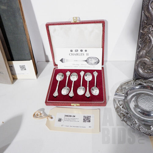 Boxed Set of Six Sterling Silver Reproduction of Charles II Trifid or Lace Back Spoons