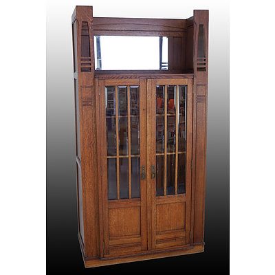Belgium Secessionist Full Oak Cabinet with Heavily Beveled Glass Panel Doors and Mirrored Back in Open Section Top - Circa 1910's