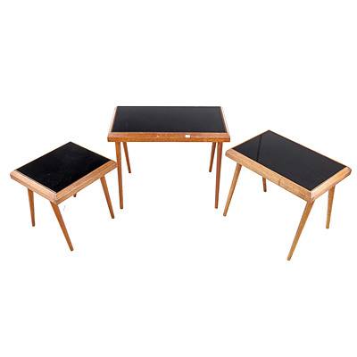 Nest of Teak Tables with Black Glass Inserts