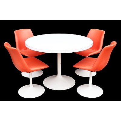 Vintage Tulip Style Dining Suite with Four Orange Vinyl Upholstered chairs