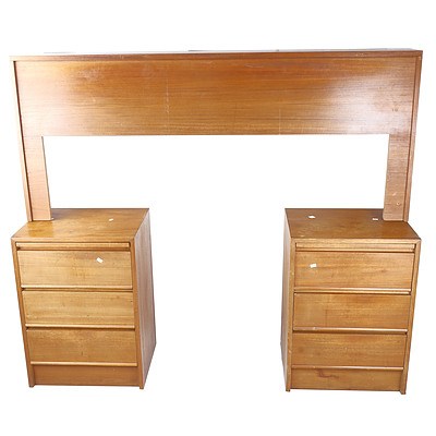 Retro Teak Veneer Double Bedhead with Matching Three Drawer Bedside Chests