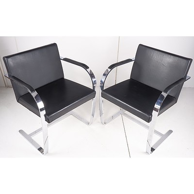 Pair of Mies Van Der Rohe Style Armchairs - Chrome Frames and Black Leather Upholstery (2)