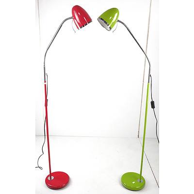 Pair of Retro Style Coloured Metal Gooseneck Floor Lamps - One Red, One Green (2)