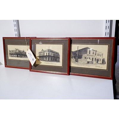 Three Framed Vintage Lithographic Prints of Old Fremantle Buildings (3)
