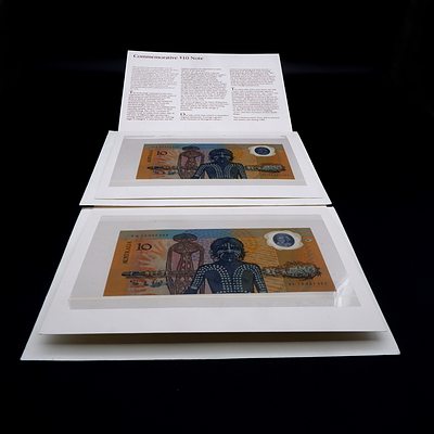 Two Consecutively Numbered 1988 Australian Bicentennial Commemorative $10 Notes, AA15057452 and AA15057453
