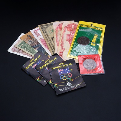 Three 1992 Olympic Dollars, Souvenir Tokens and International Banknotes, Including 1988 Australian Bicentennial Commemorative $10 Note, AB20941144