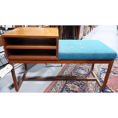 Retro Teak Veneer Telephone Table With Blue Upholstered Seat