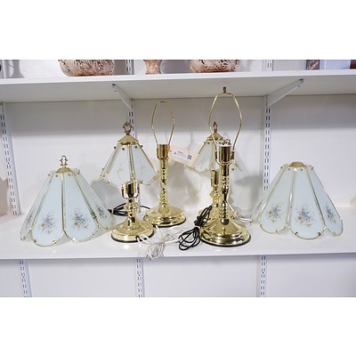 Two Pairs of Brass Table Lamps with Glass Panel Shades