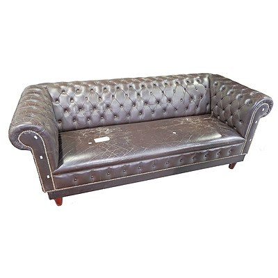 Vintage Dark Burgundy Leather Chesterfield Style Three Seat Sofa