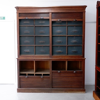 An Antique Oak Shop Cabinet of Grand Proportions with Tambour Doors and Fitted Sections Above and Below