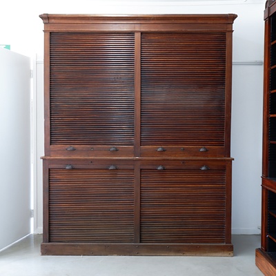 An Antique Oak Shop Cabinet of Grand Proportions with Tambour Doors and Fitted Sections Above and Below