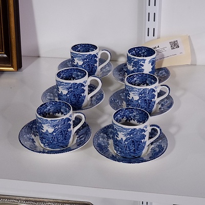 Enoch Wedgwood Tunstall Set of Six Blue and White Willow Pattern Demitasse Cups and Saucers