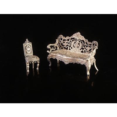 Antique 800 Silver Miniature Settee and Chair