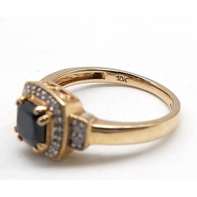 10ct Yellow Gold Ring with a Cushion Cut Blue Black Sapphire and Diamonds, 3.8g 