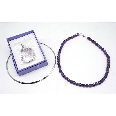 Contemporary Steel Necklet with Polished Amethyst Pendant with Amethyst Bead Necklace
