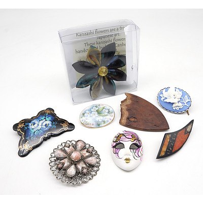 Collection of Eight Brooches, Including Huon Pine, Ceramic and Fabric