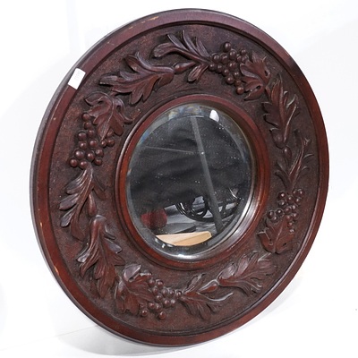 Antique Bavarian Carved Oak Circular Bevelled Edge Wall Mirror