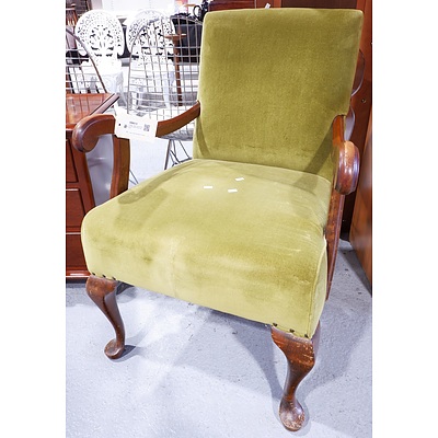 Vintage Timber Framed Armchair With Green Velour Upholster