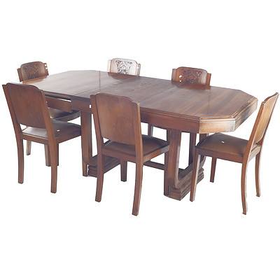 Art Deco Walnut Single Extension Refectory Style Dining Table with a Set of Six Matching Chairs Circa 1930s
