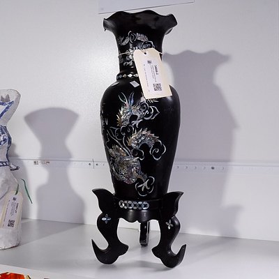 Eastern Lacquered Vase with Shell Inlay on Stand