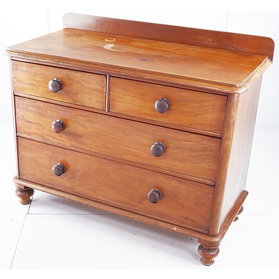 Victorian Mahogany Chest of Four Drawers of Unusual Proportions on Turned Bun Feet