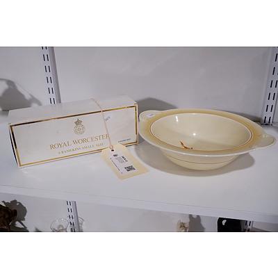 Royal Worcester Evesham Gold Boxed Set of Six Ramekins Small Size and a Newport Pottery Bowl Clarice Cliff Design