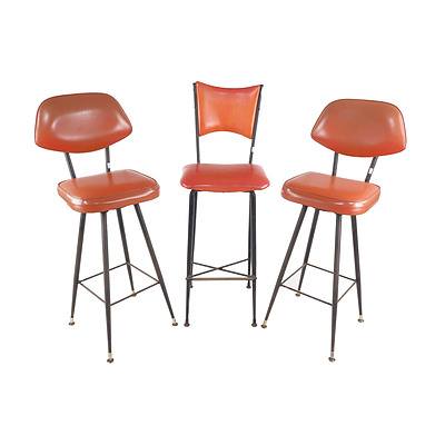 Pair Of Retro Metal Framed Orange Vinyl Stools And Another Similar