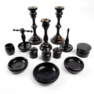 A Selection of Vintage Genuine Ebony Wares - Candlesticks, Lidded Canisters, Jewellery Holders and Trinket Trays