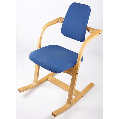 Retro Stokke Scandinavia Bentwood Rocking Chair with Blue Fabric Upholstery