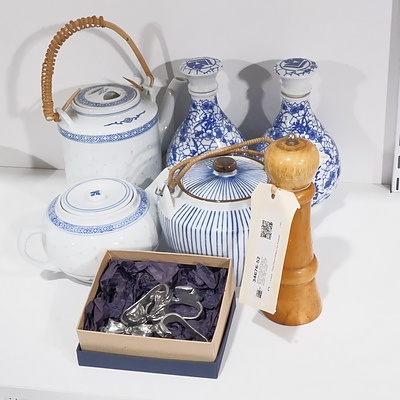 Assorted Chinese Blue and White Porcelain including Three Teapots, Four Seagull Pewter Napkin Rings and Wooden Salt Grinder