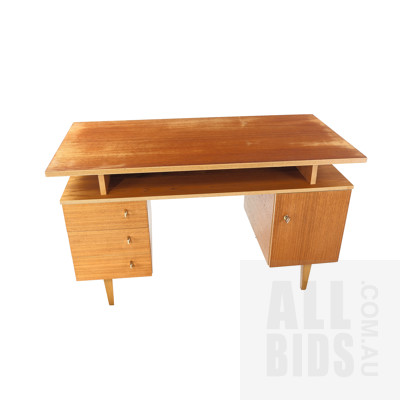 Retro Teak Veneer Twin Pedestal Desk by Dickhaut Mobel - Makers Label Below